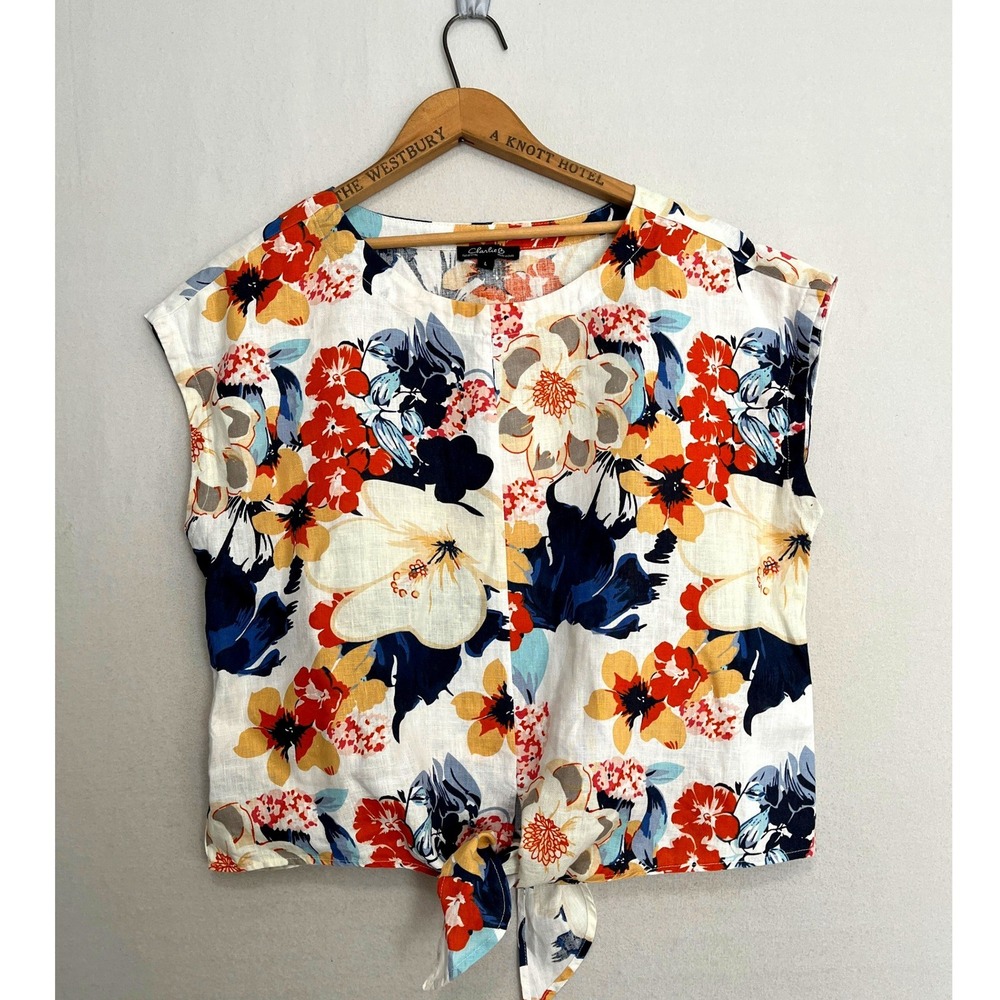 Charlie B Womens Floral Linen Tie Front Top Multicolor Size Large